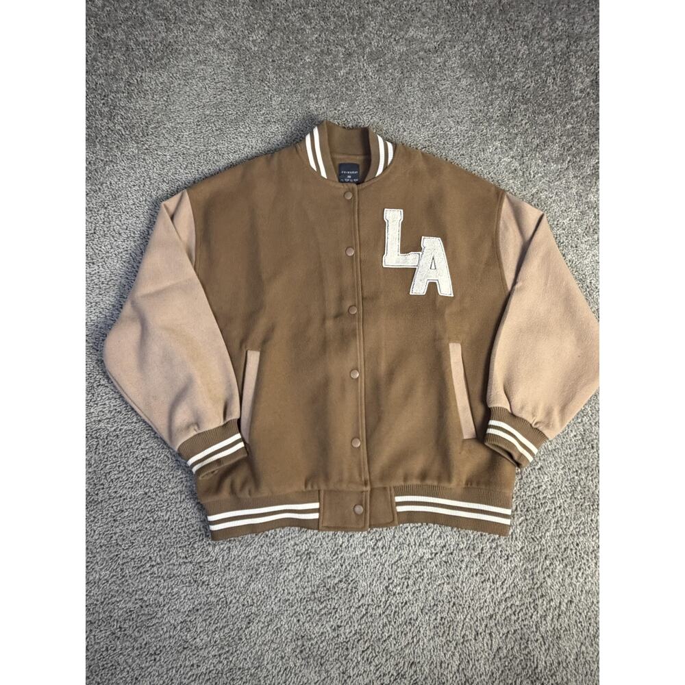 Primark Jacket Womens XS Brown Varsity LA Los Angeles Bomber Snap Pockets Logo